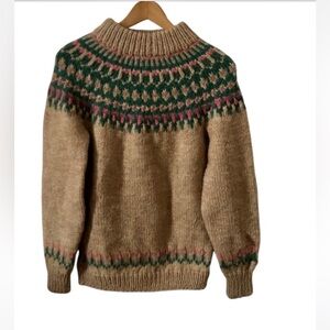 Hand Knit Tan Fair Isle Wool Crewneck Sweater Small